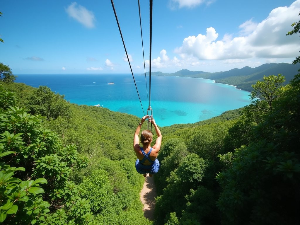 Ziplining through tropical forest canopy with ocean views in St. Thomas