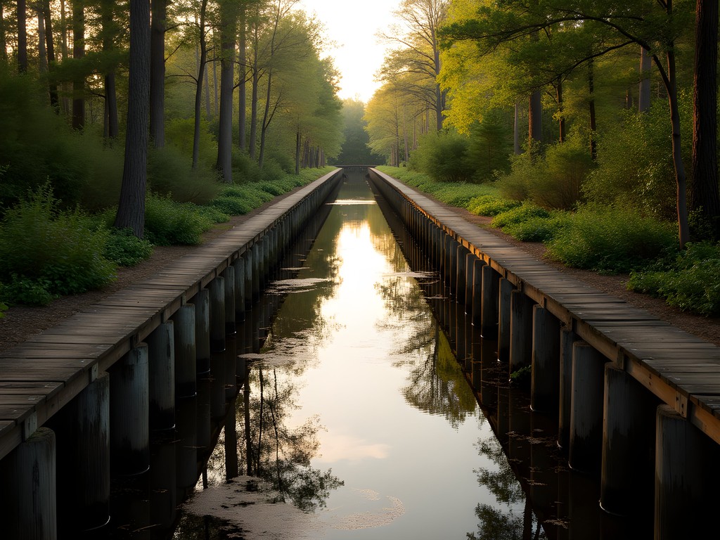 Historic Dismal Swamp Canal with cypress trees and interpretive signage