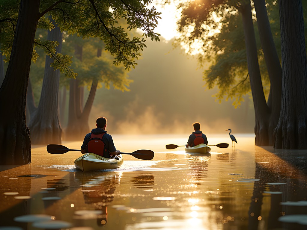 Couple in kayaks observing wildlife in cypress-lined cove at Great Dismal Swamp