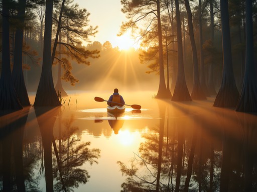 Kayaker on Lake Drummond surrounded by ancient cypress trees with perfect reflections