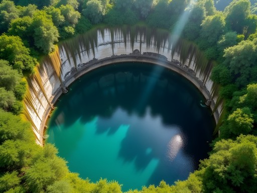 Aerial view of Cenote Ik Kil near Chichen Itza with turquoise water and hanging vines