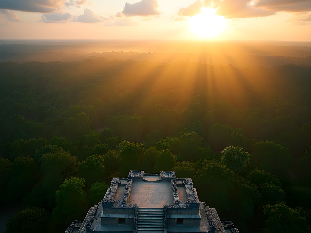 View from top of Ek Balam pyramid overlooking Yucatan jungle canopy at sunrise