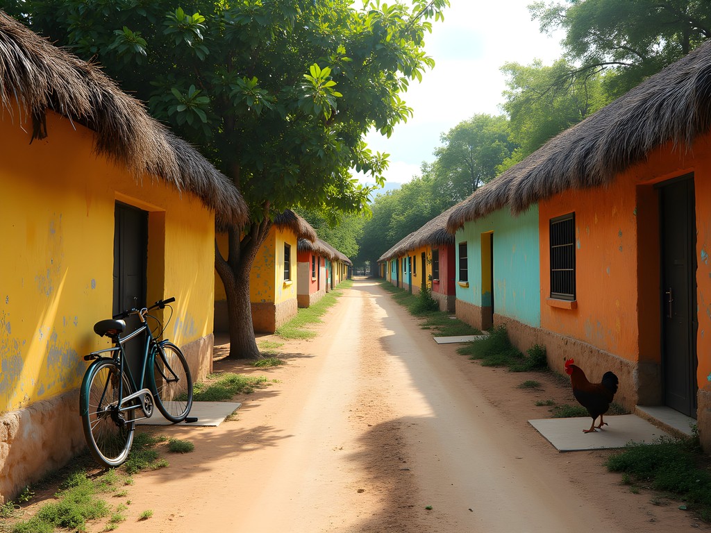 Cyclist on rural road through Yucatan Maya village with traditional homes