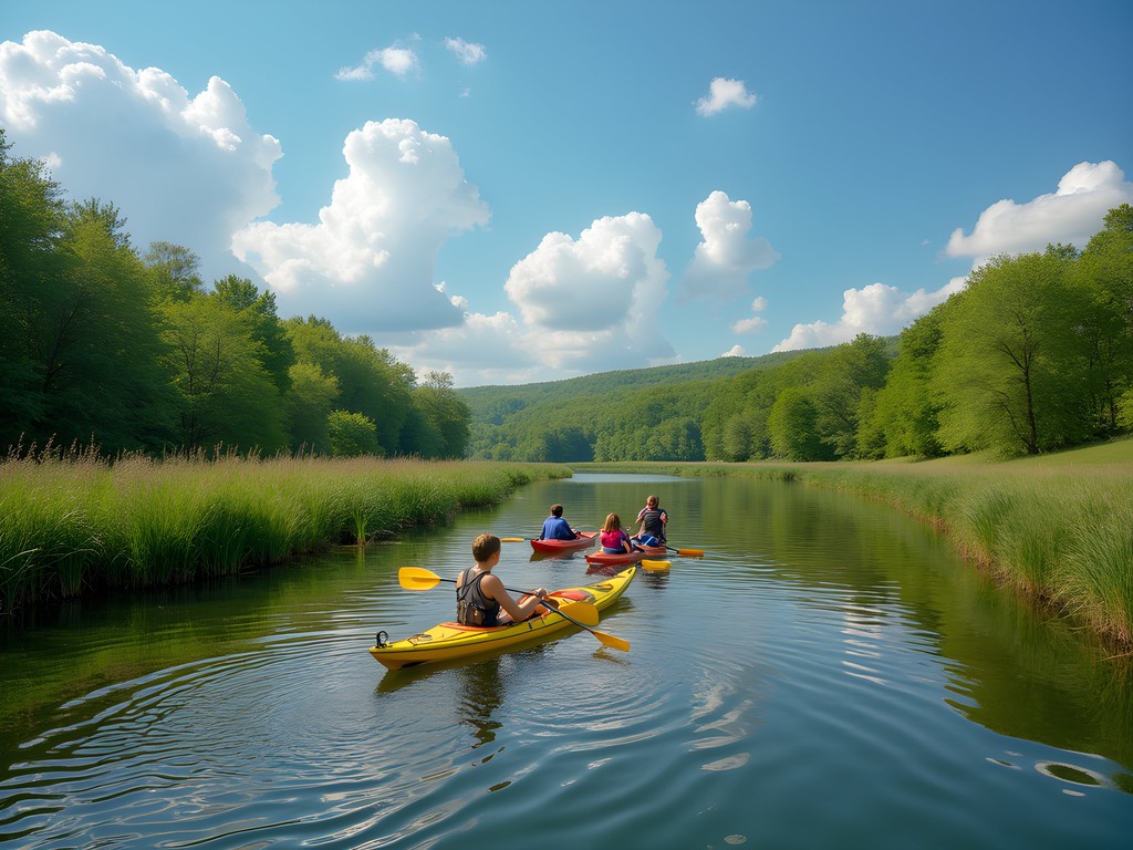Family kayaking on one of the narrow lakes at Finger Lakes State Park in Columbia, Missouri