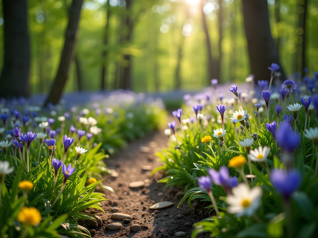Spring wildflowers blooming along forest trail at Gans Creek Wild Area in Columbia, Missouri