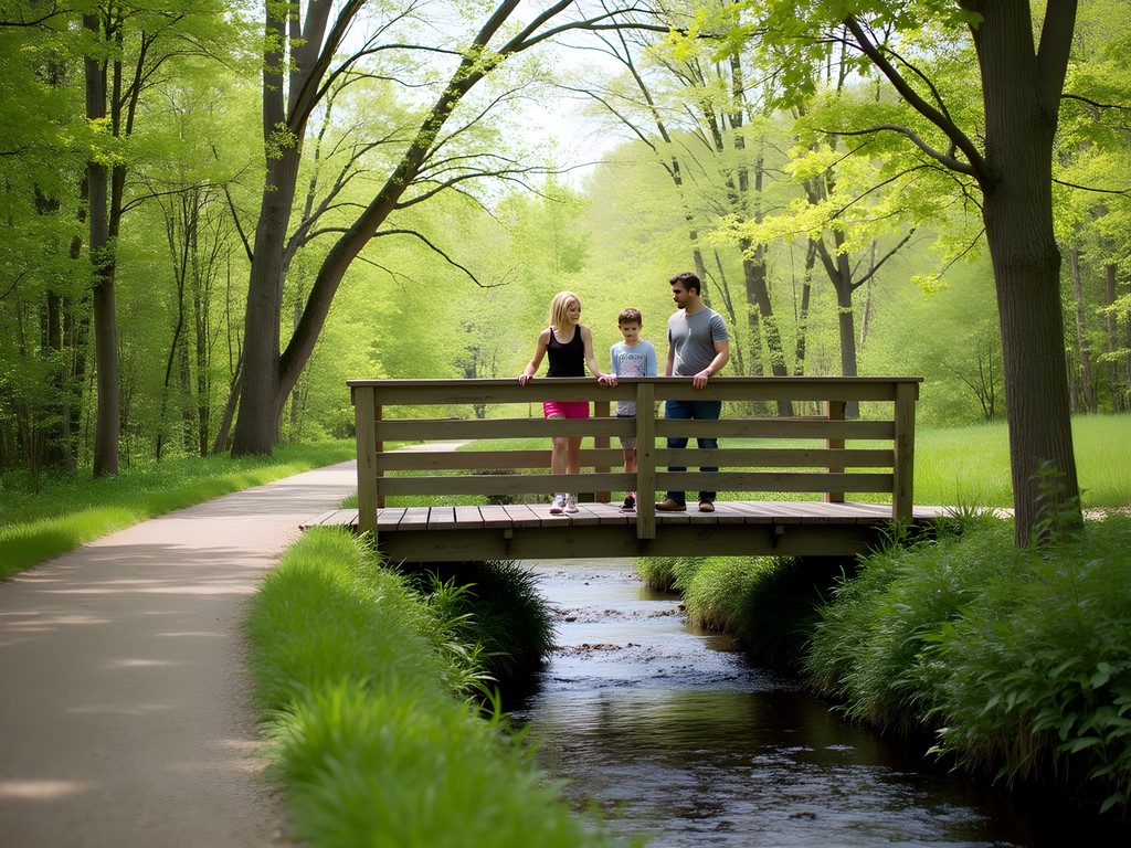 Family walking across wooden bridge over Hinkson Creek on the MKT Trail in Columbia, Missouri