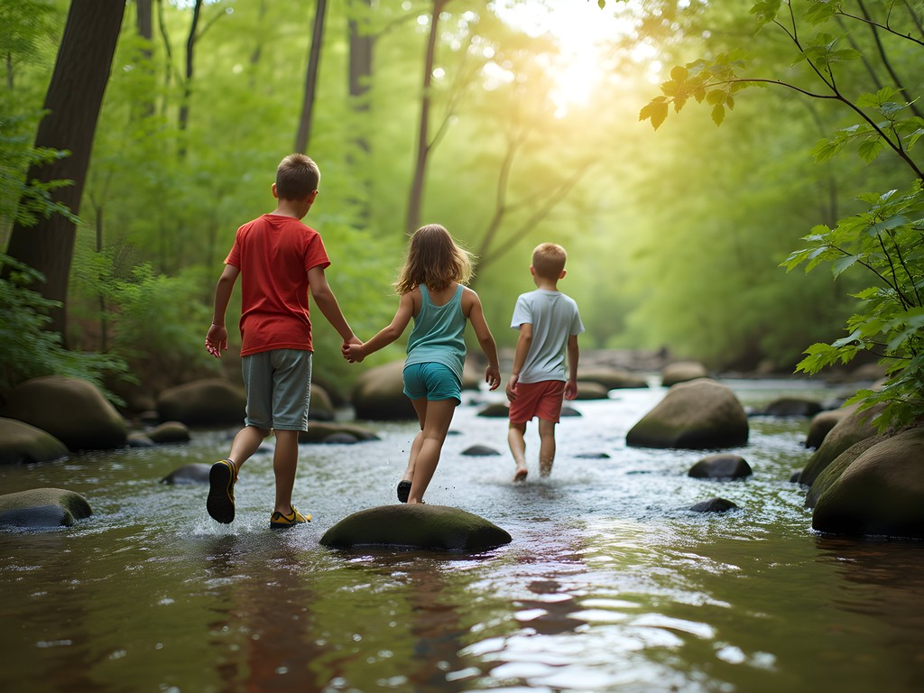 Family crossing a clear forest stream at Three Creeks Conservation Area near Columbia, Missouri