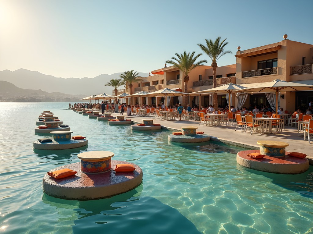 Waterfront cafes in Dahab with tables in shallow water and view of mountains