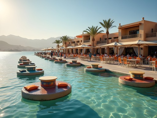 Waterfront cafes in Dahab with tables in shallow water and view of mountains