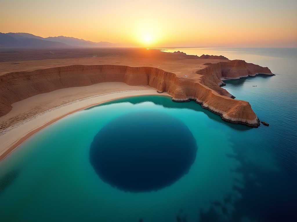 The Blue Hole in Dahab at dawn with mountains of Saudi Arabia visible across the Red Sea