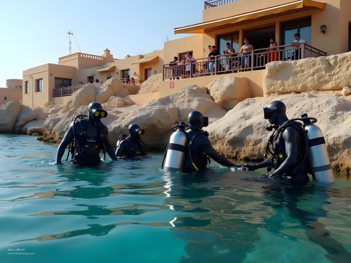 Divers preparing for a shore entry at Lighthouse Reef in Dahab