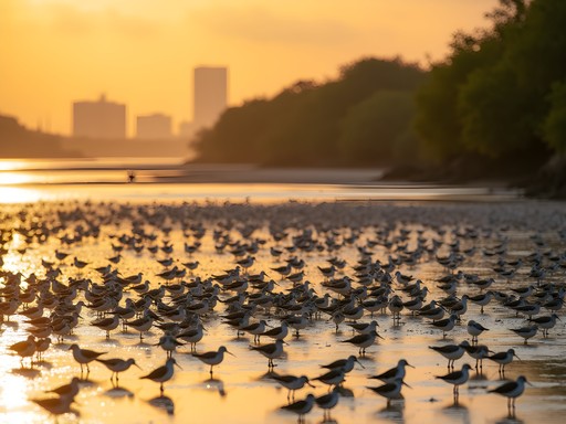 Flock of migratory shorebirds feeding on mudflats at East Point Reserve during low tide