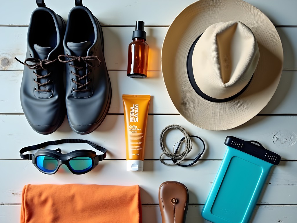 Essential gear laid out for a Dead Sea adventure including water shoes, goggles, and sun protection