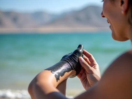Person applying therapeutic Dead Sea mud at a beach along the shoreline