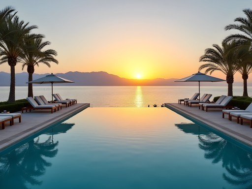 Luxury resort overlooking the Dead Sea with infinity pool and mountain views