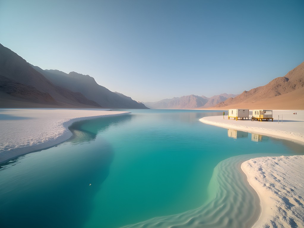 Ein Bokek Beach on the Dead Sea with facilities and mountain backdrop