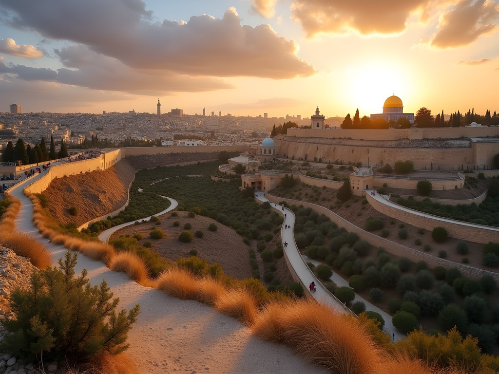 Panoramic view of Jerusalem from the Mount of Olives showing the starting point of the ancient trail