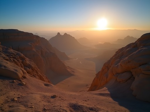 Father and daughter hikers watching sunrise over the dramatic Judean Desert landscape