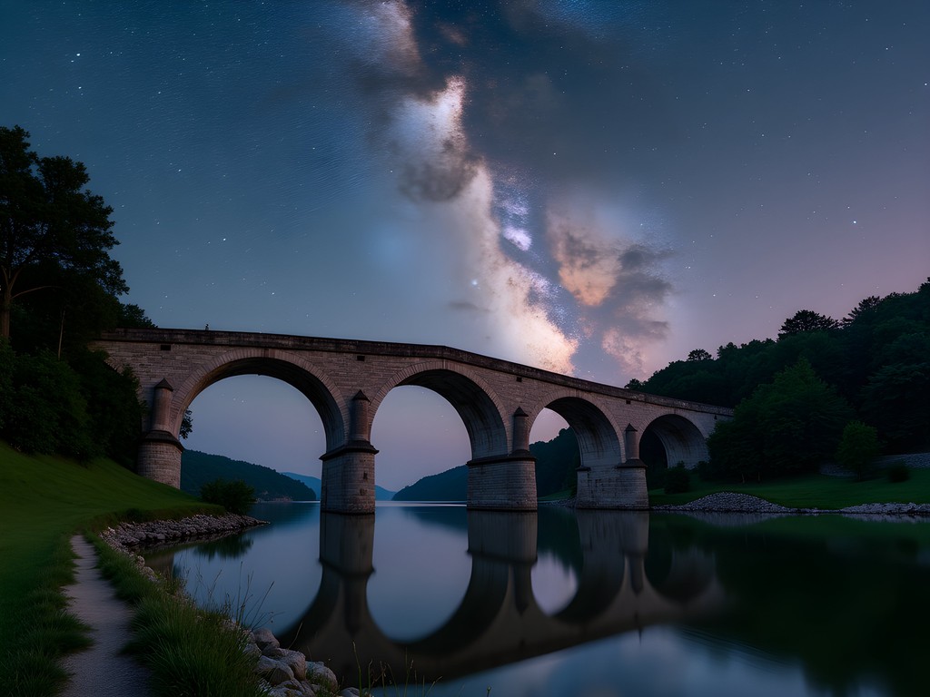 Milky Way galaxy visible over Hortobágy National Park's Nine-Arch Bridge in Hungary
