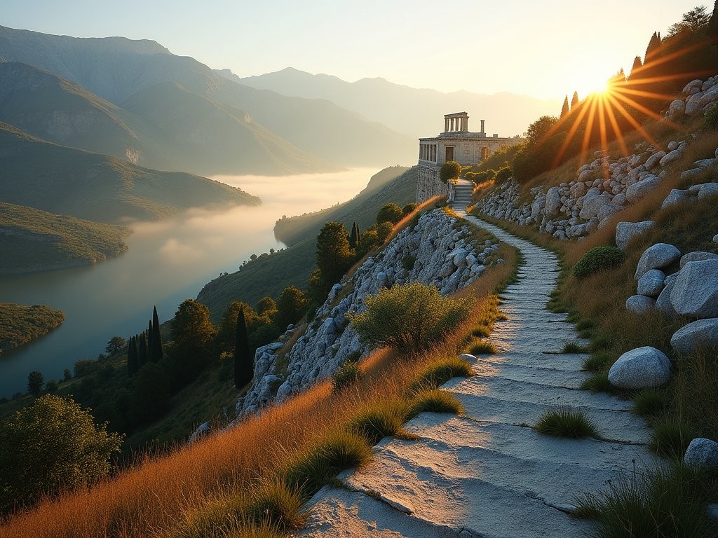 Panoramic view of the ancient sanctuary of Delphi nestled on Mount Parnassus