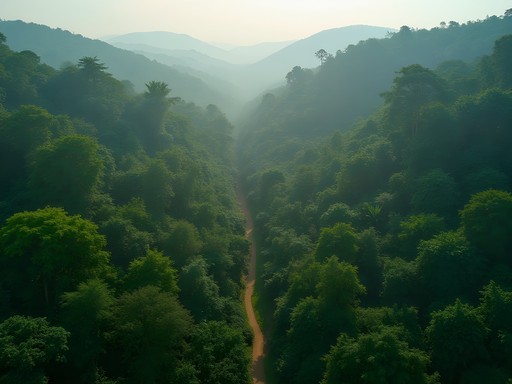 Aerial drone view of Mayombe Forest canopy showing elephant pathways