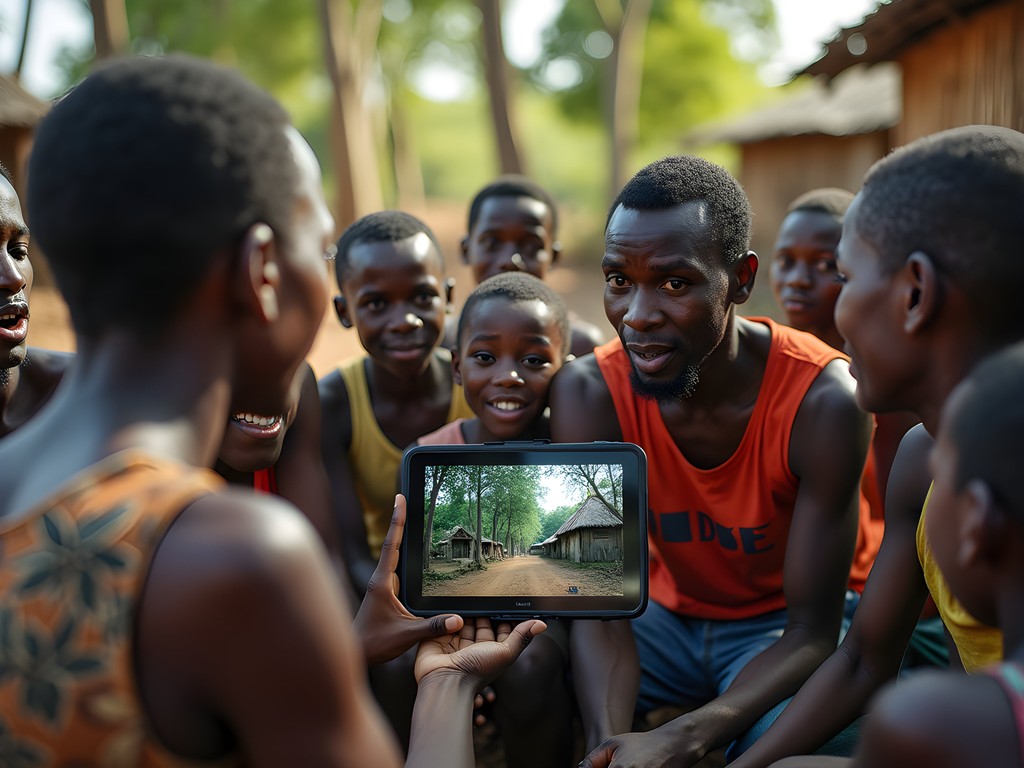 Cultural exchange in Mayombe Forest village with locals viewing drone footage