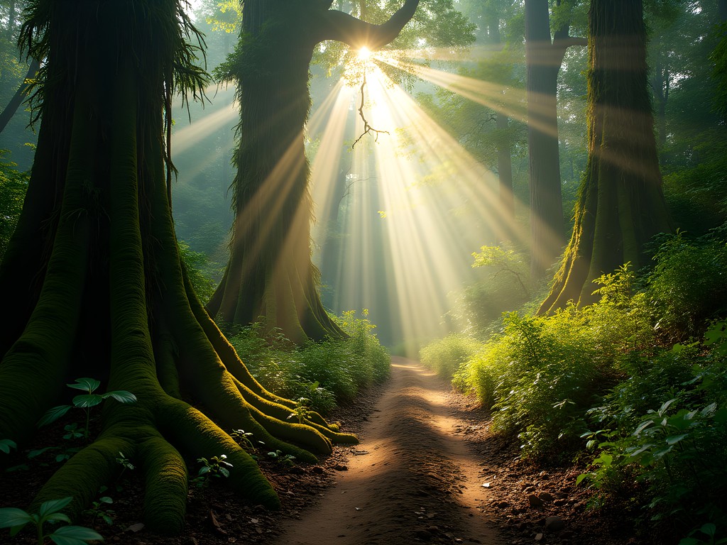 Sunbeams penetrating Mayombe Forest canopy over narrow hiking trail