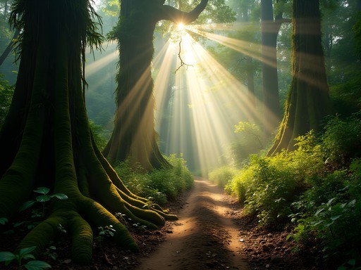 Sunbeams penetrating Mayombe Forest canopy over narrow hiking trail