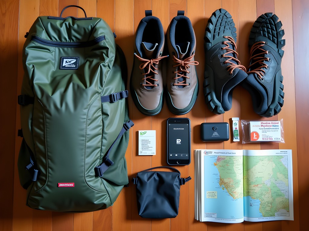 Specialized trekking gear laid out for Mayombe Forest expedition