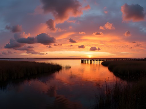 Colorful sunset over Delaware Bay viewed from Dover shoreline
