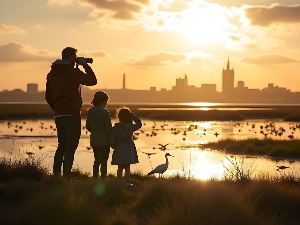 Family birdwatching at Bull Island Nature Reserve with Dublin skyline in background