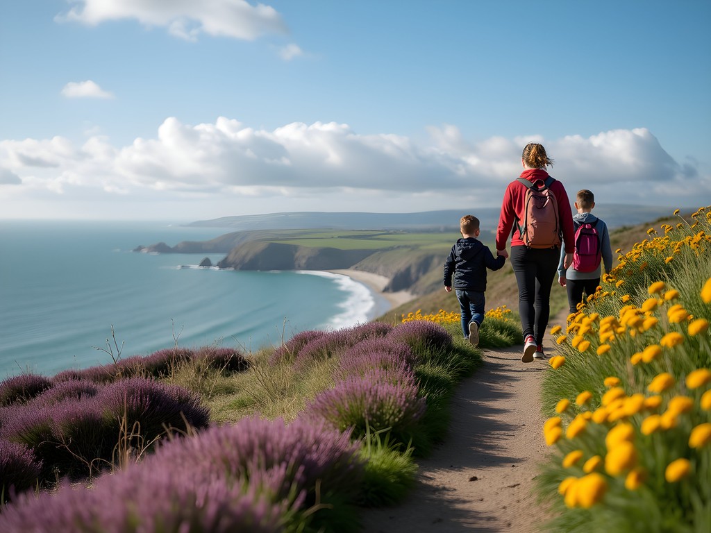 Family hiking along Howth Cliff Path with Dublin Bay panorama