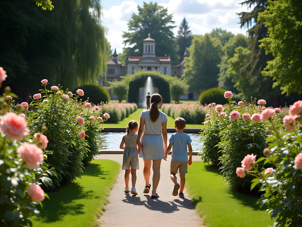 Family exploring the historic rose garden at St. Anne's Park Dublin in summer bloom