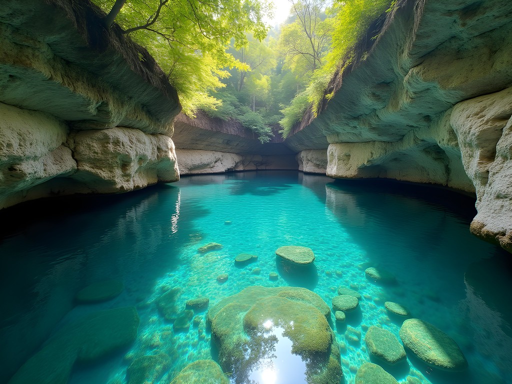 The secluded Blue Lagoon swimming hole in Dumbea with crystal clear turquoise water