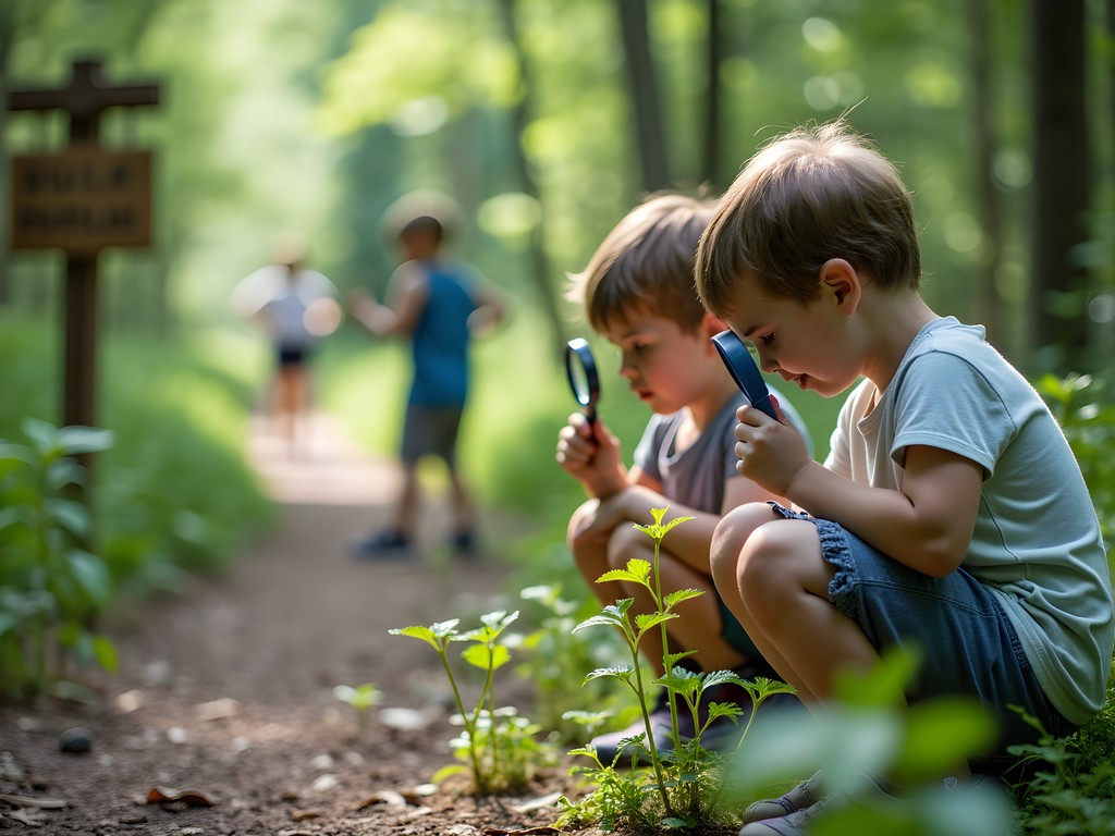 Children exploring nature trails at Beaver Creek Reserve with magnifying glasses