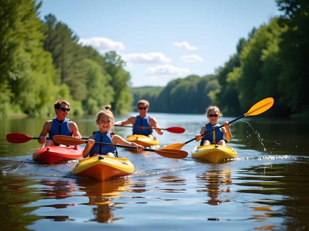 Family kayaking on the calm waters of Chippewa River in Eau Claire