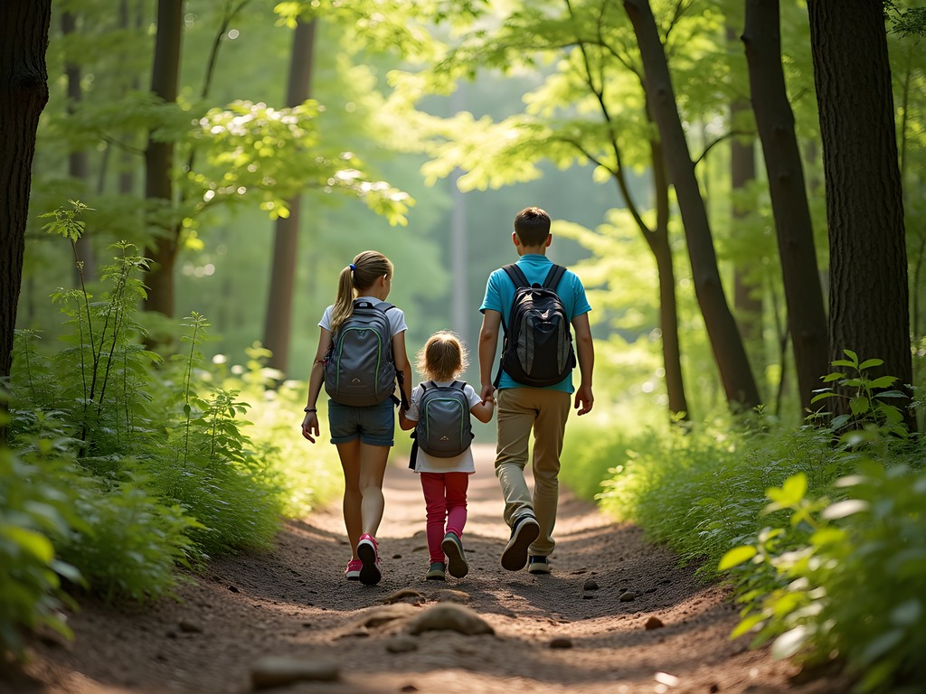 Family hiking through sunlit forest trails at Lowes Creek County Park