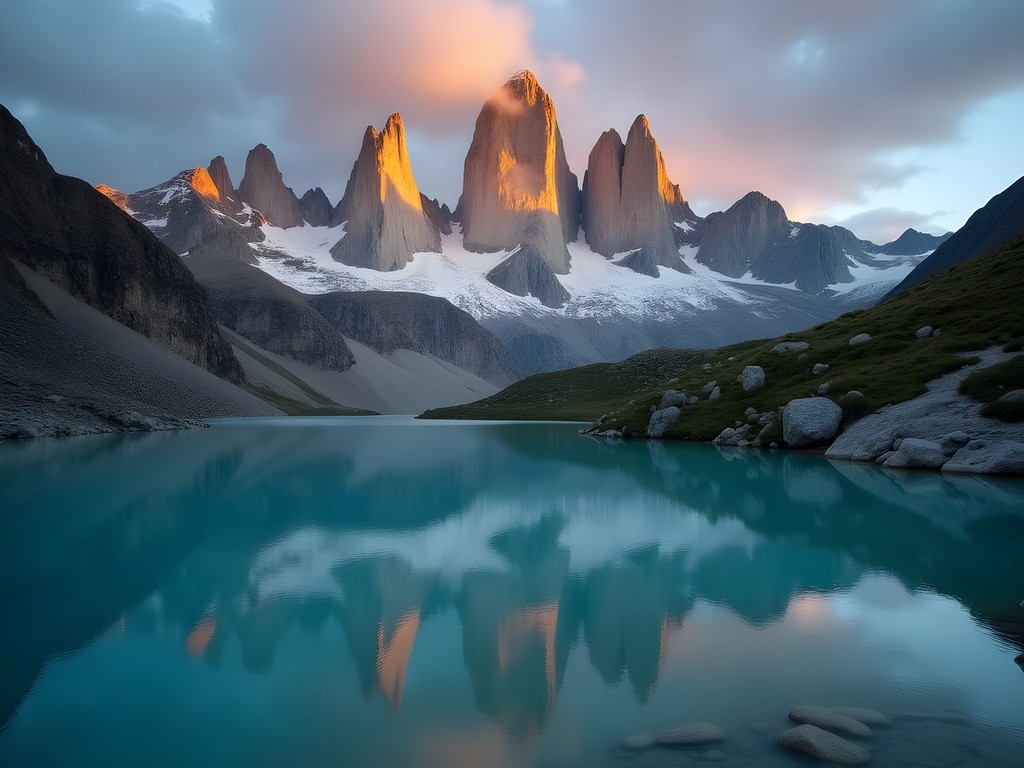 Mount Fitz Roy reflected in Laguna de los Tres with hiker