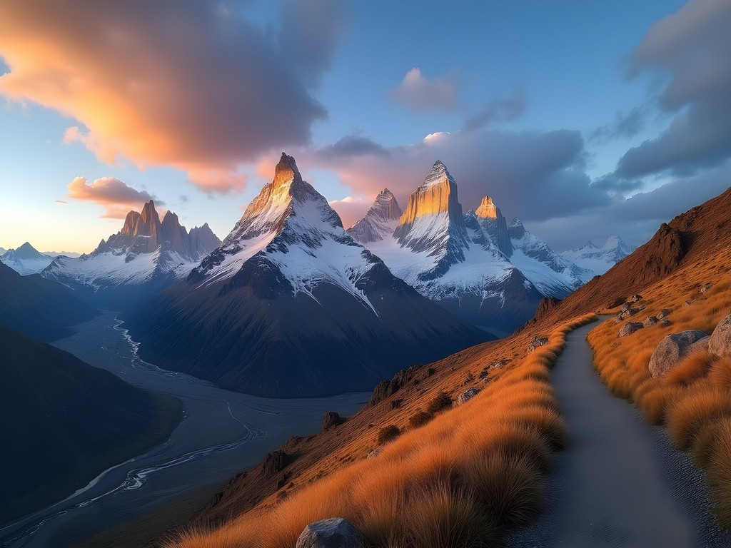 Panoramic view of Fitz Roy and Cerro Torre from Loma del Pliegue Tumbado
