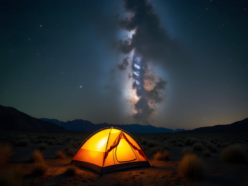 Solo camping tent under brilliant night sky in Nevada wilderness