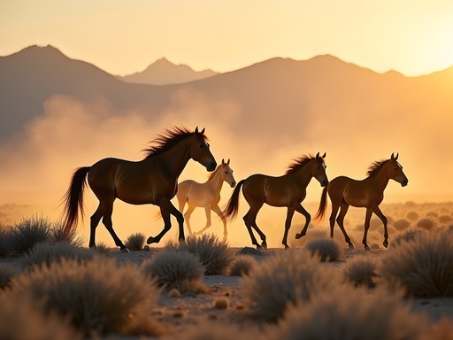 Wild mustangs roaming free across Nevada's high desert landscape at dawn