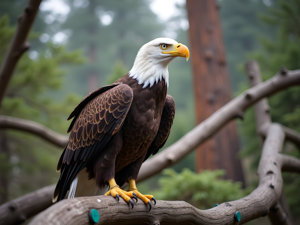 Bald eagle at Cascades Raptor Center in Eugene with educational display