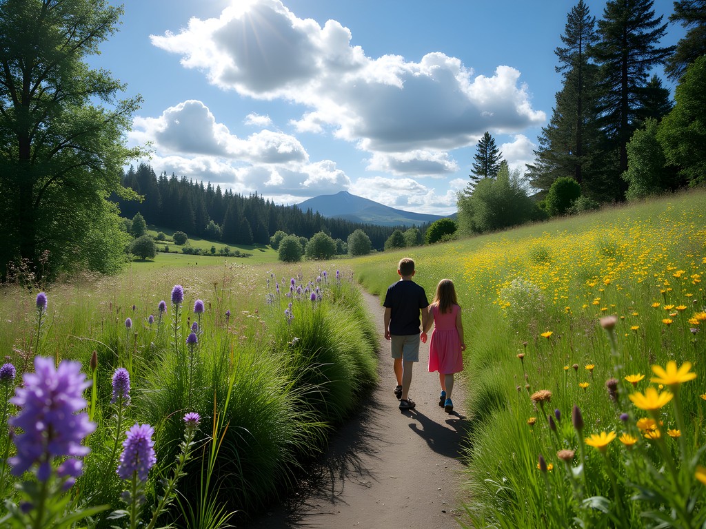Wildflower meadow at Mount Pisgah Arboretum with families exploring trails