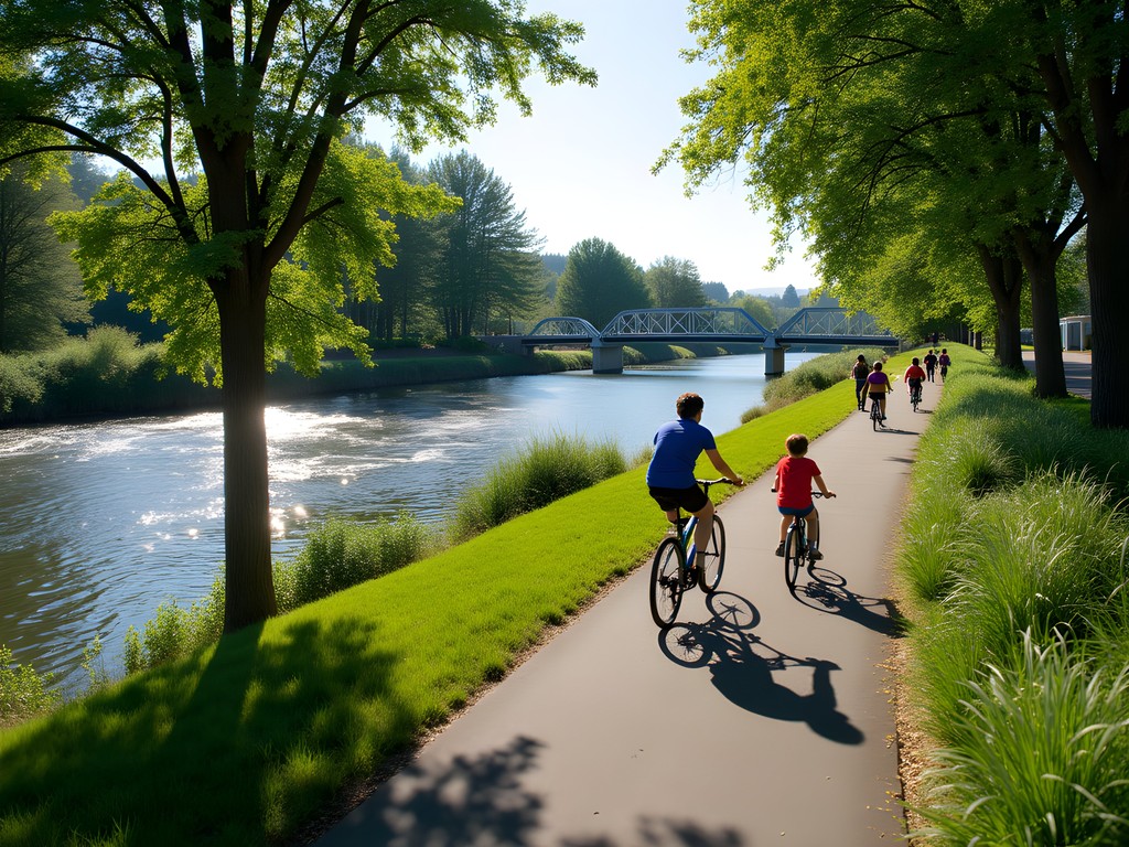Family cycling along the Ruth Bascom Riverbank Path with Willamette River views