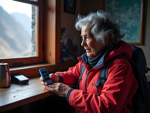 Trekker checking blood oxygen levels with pulse oximeter at high altitude