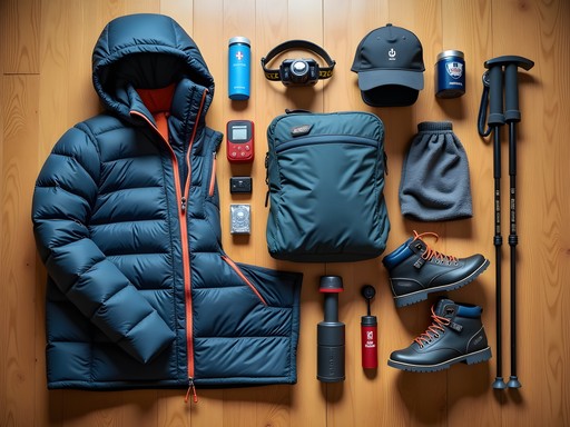 Essential gear layout for Everest Base Camp trek including layers, boots, and equipment