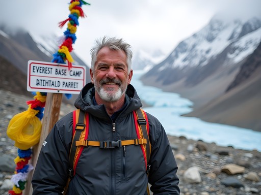 Man celebrating reaching Everest Base Camp with prayer flags and glacier
