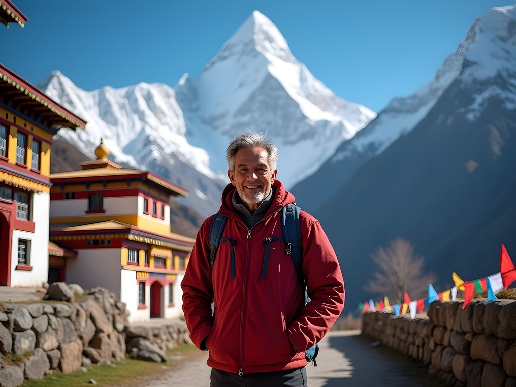 Man standing in front of Tengboche Monastery with Mt. Everest in background