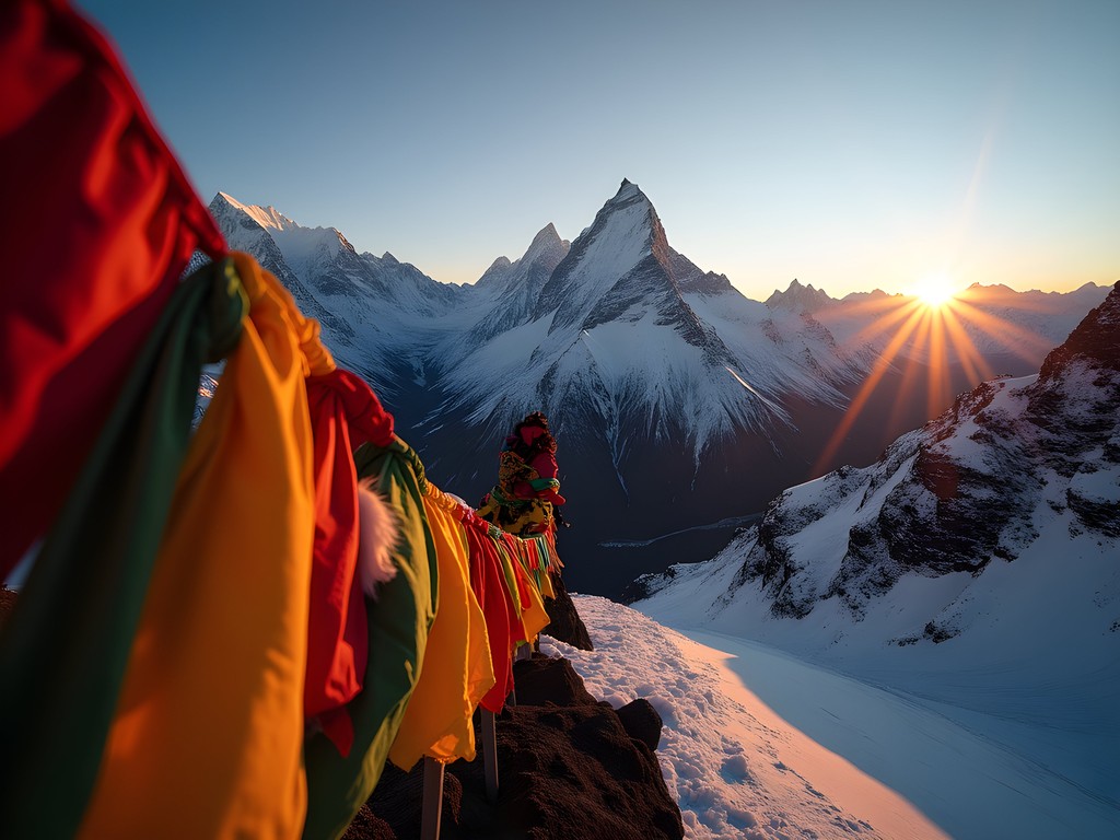 Prayer flags fluttering with Mount Everest sunrise view from Kala Patthar