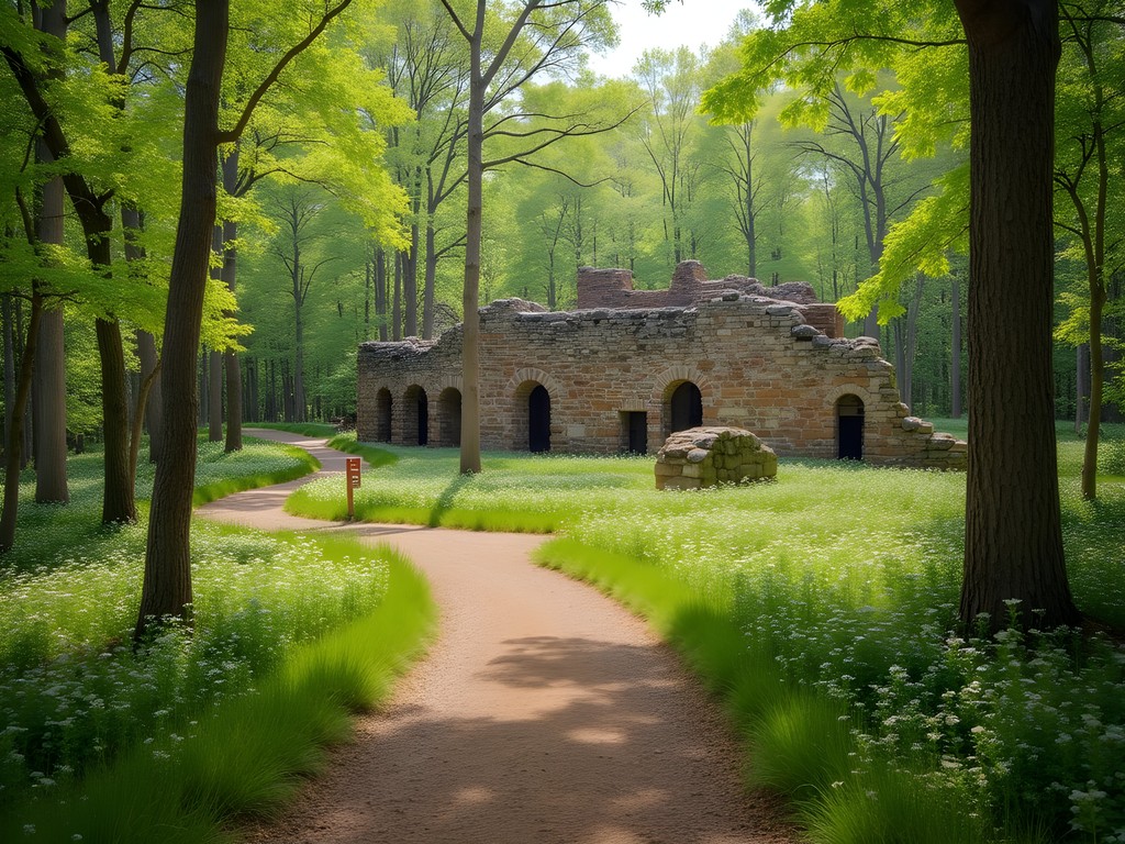 Stone ruins along Historic Van Winkle Trail with interpretive signage and spring wildflowers